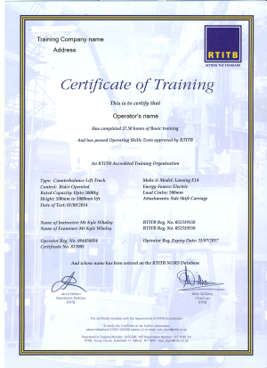 Forklift certificate of basic training